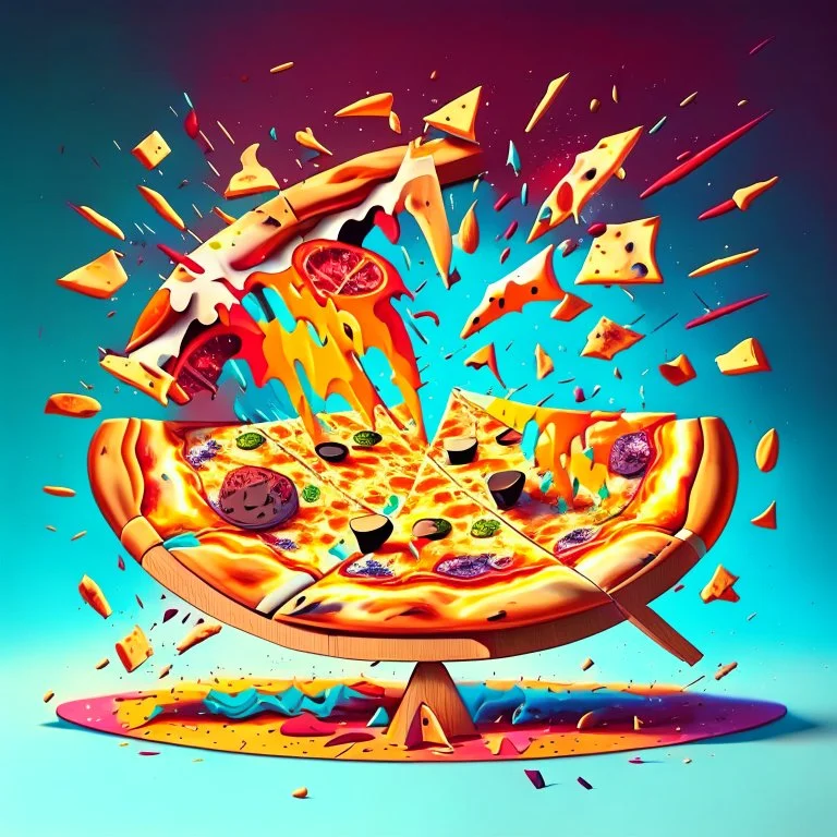 Imagina una gran pizza redonda sobre una mesa explotando pedazos saltando por el aire arte cartoon detallada colores contrastantes