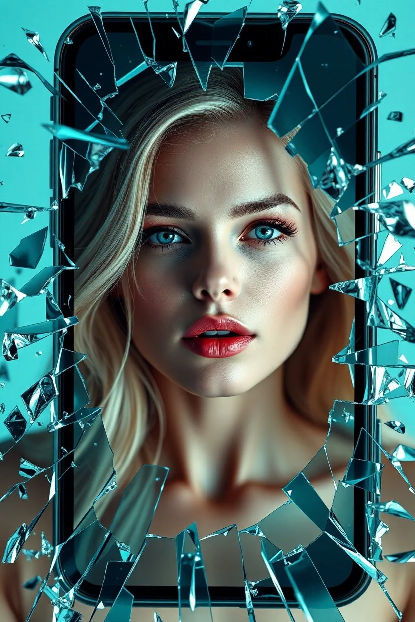A stunning blonde woman emerges dramatically through a shattered smartphone screen, surrounded by flying glass shards, hyper-realistic details, ultra-high resolution, cinematic lighting, teal and turquoise tones, sharp reflections, immersive depth of field, futuristic surrealism, concept art style, 8K, unreal engine render, volumetric lighting, photorealistic face, elegant expression, sleek modern aesthetic, dynamic action shot.