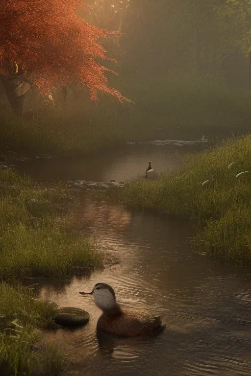 eine ente steht am bach neben einem wald bei sonnenuntergang fantasy art