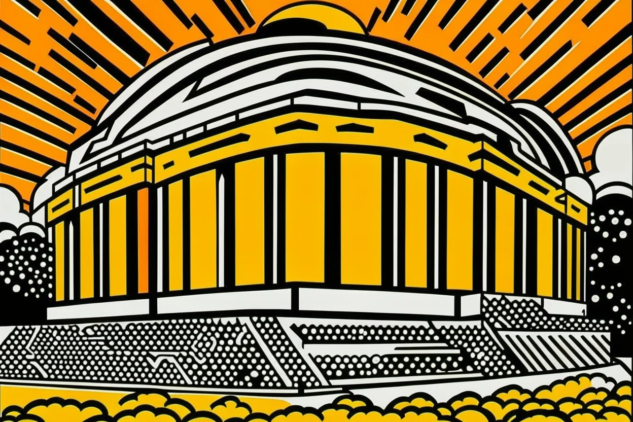 An orange coliseum with fists on the entrance painted by Roy Lichtenstein