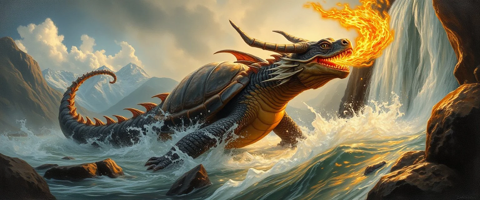 pin hole picture, master oil painting by Rembrandt, good afternoon turtle dragon with fire breath rushing down a water fall, in mountain pass