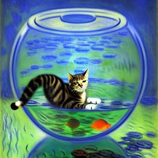 oil portrait of a Cat swimming in a fishbowl by Monet 8k