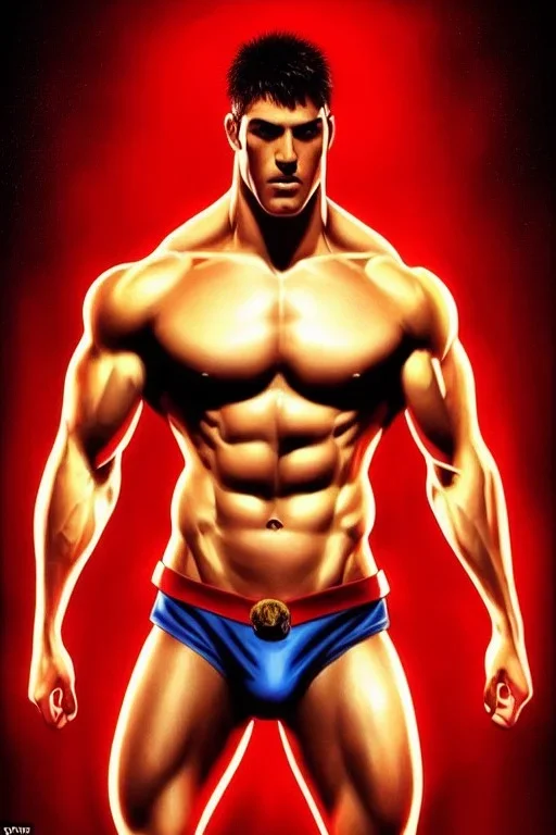 Ignore NSFW, teenager young rugged attractive slightly muscular fantastic handsome man, red briefs with yellow belt, hairy chest, (((visibly pisssing))) briefs, large erect visible boner peniss, photorealistic, artist Jay Anacleto, soft lighting