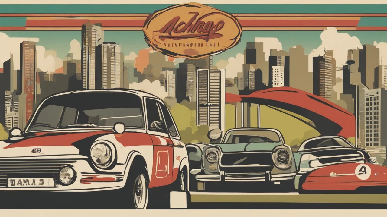 "I'm seeking an exhilarating poster for '<Achayo> Vintage Rally Racing.' The backdrop should feature an Ethiopian cityscape, capturing the vibrancy of urban life. In the foreground, a stylish vintage rally car, complete with rally lights and vintage decals, takes center stage. Use earthy tones for the city background and vibrant colors for the rally car. Select bold fonts in dynamic colors for the event title and details. Incorporate dust or dirt effects to evoke the rally racing atmosphere. Inc