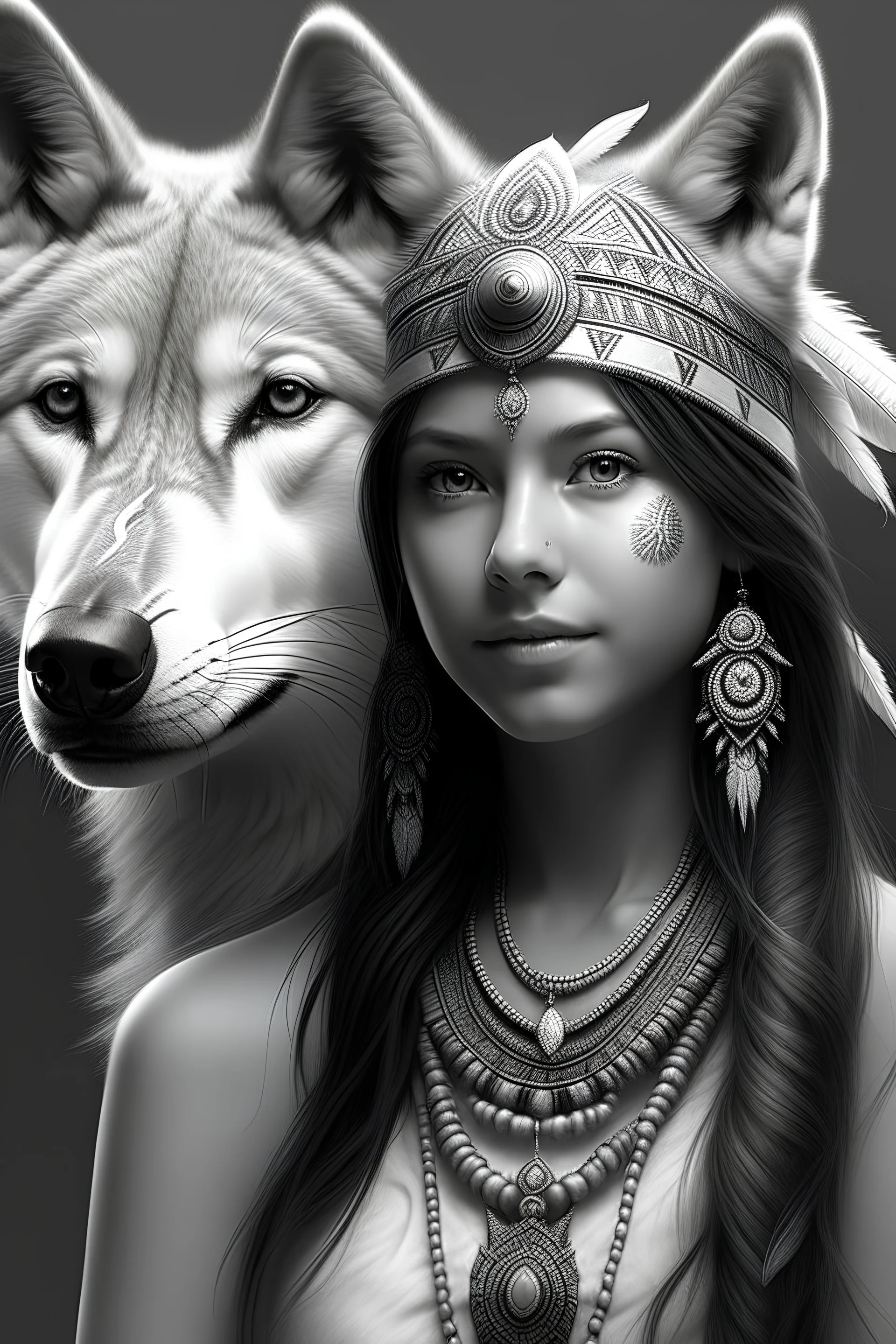 grey and white only beautiful indian girl with wolf, hyper realistic style, 3d