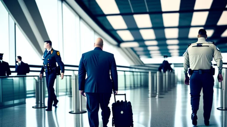 2 security officers escort upset man in suit away from airport lounge