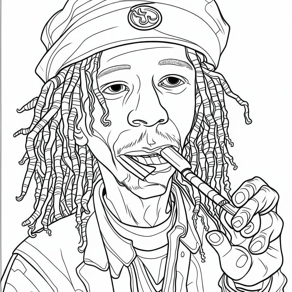 Coloring page for toodlers, with a cute rastaman smoking joint, very Bold outlines and white background, anime style, minimal number of elements, very simple