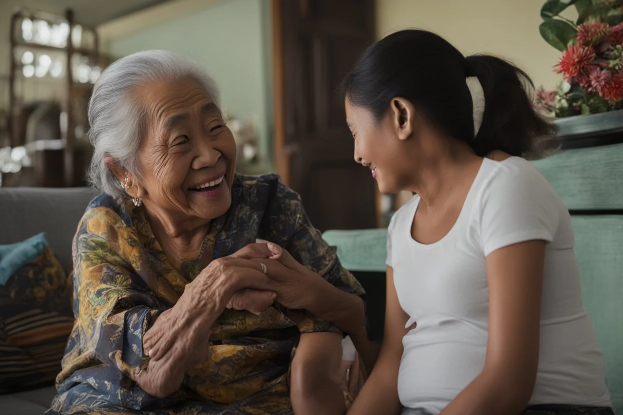 Filipino teenager greeting her grandmother