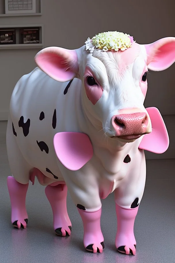 Portrait of A cute cow dressed in a onezy pajama outfit. The onezy has pink polka dots on and is thick and cozy. She has a flower in her hair. 3d