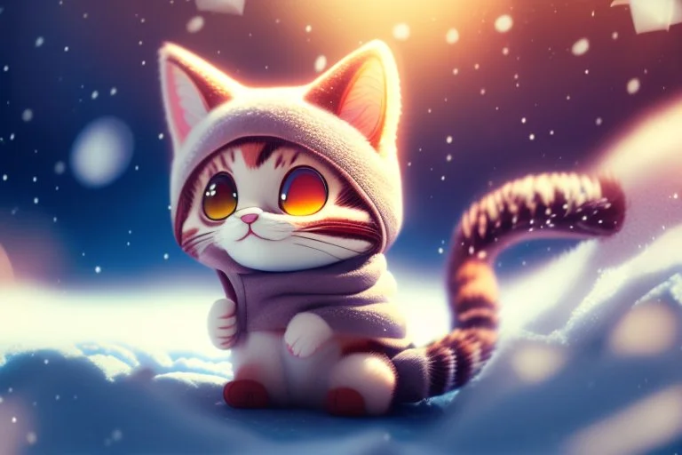 cute chibi anime frightened cat, crashed airplane in the snowy mountains in sunshine, ethereal, cinematic postprocessing, bokeh, dof