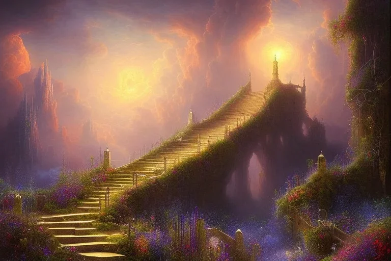 long stairway up to heaven, atmospheric, mystical, beautiful colours, romanticism, fantasy, Neo-Impressionism