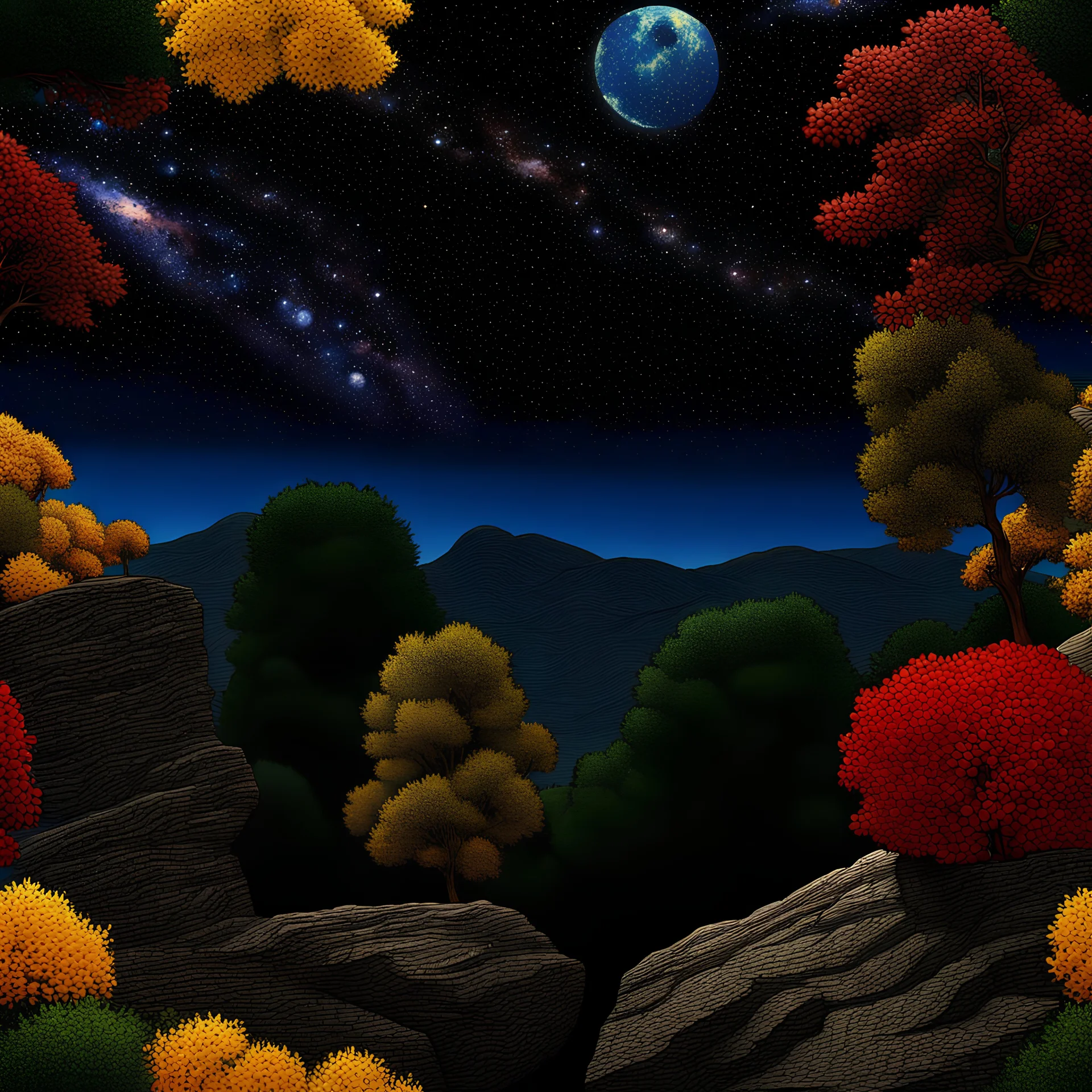 Colourful, peaceful, Egon Schiele, Max Ernst, Vincent Van Gogh, night sky filled with galaxies and stars, rock formations, trees, flowers, lyric, sharp focus, 8k, deep 3d field, dramatic, ornate