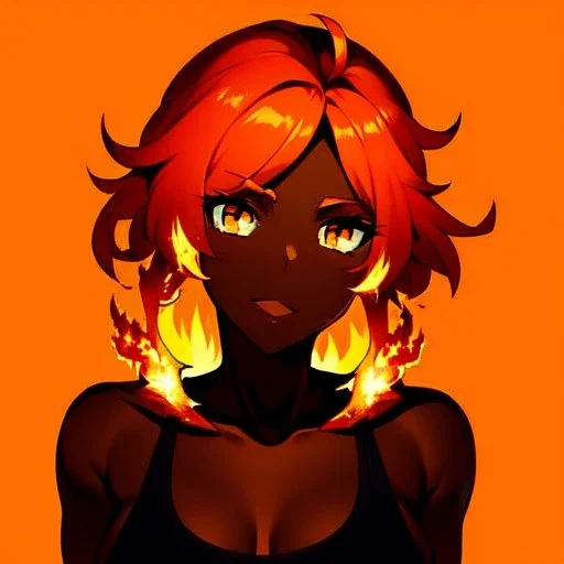 portrait, dark skin female, attractive, fiery hair, orange color theme, rage background, clear focus, high resolution