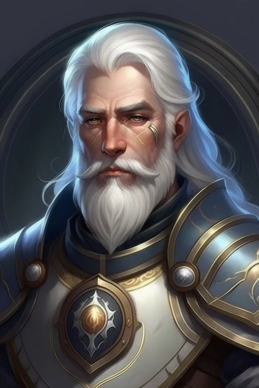 Please create an image for a 30-year old half-aasimar male with silver hair and a silver beard and blue eyes. He is a cleric of Selune, whose symbol should be placed on the cleric's shield, if visible in the image. The cleric should be wearing either medium or heavy armor, and carrying a warhammer or a mace and a shield