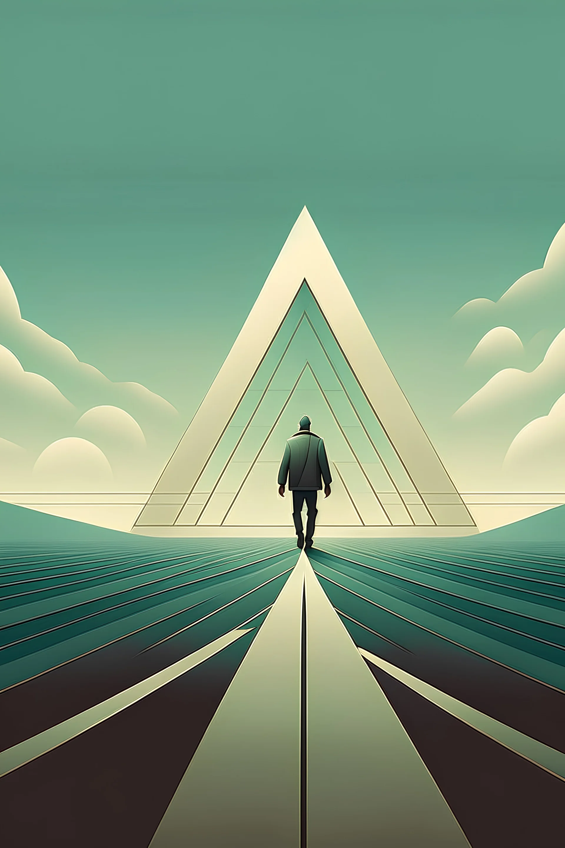 Illustration of man walking on Penrose triangle, surreal concept