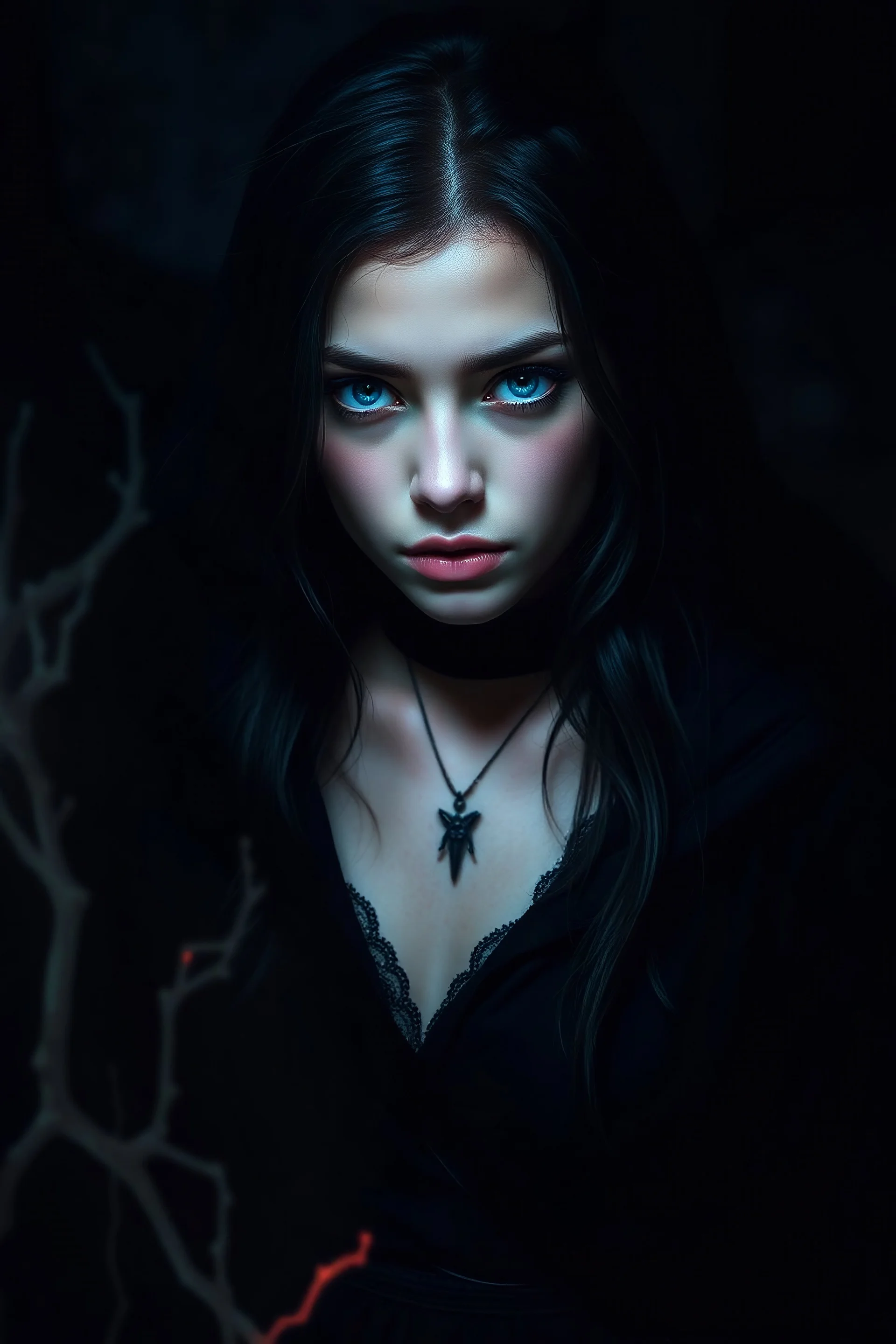 Dark powered young adult female with black hair and dark blue eyes with souls and dark black magic walking in the dark