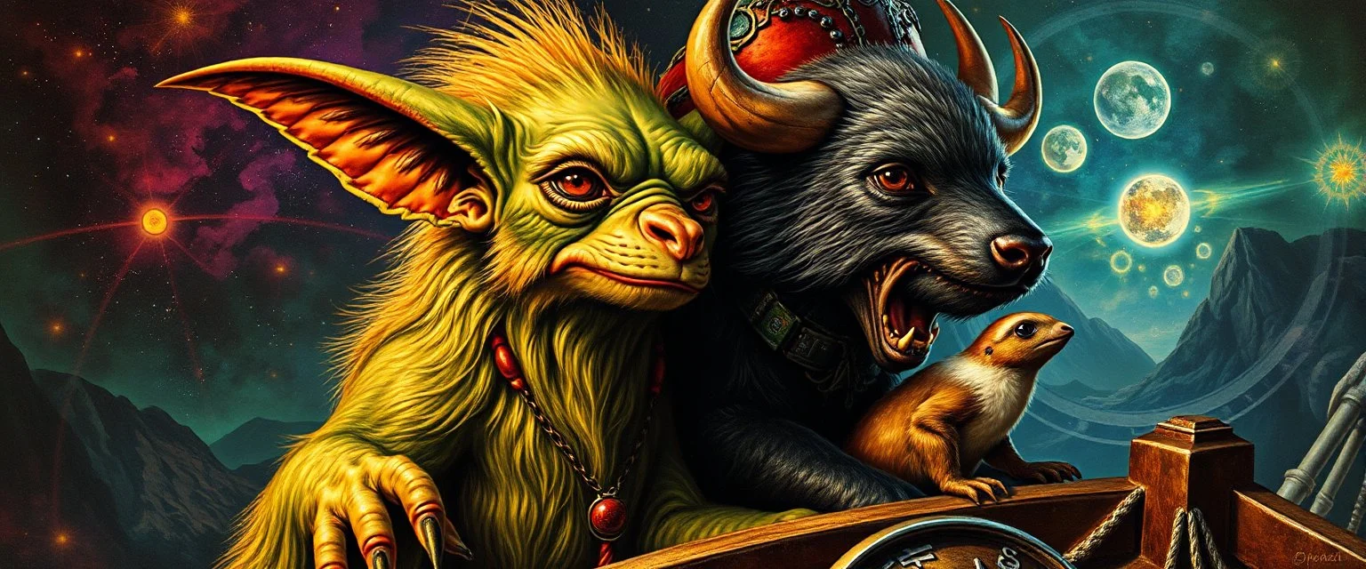 gremlin dog bison badger star ship captain in the style of Rembrandt and Escher and Goa Trance Poster