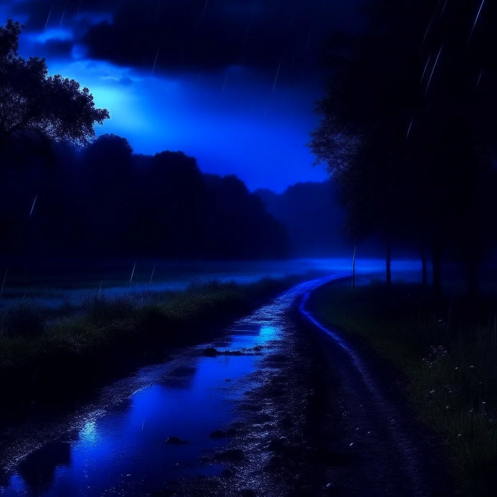 sad nature scene, midnight, dark blue colours, rainy, atmospheric, photo quality