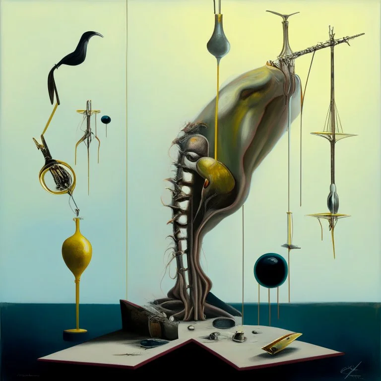 Abstract painting formed by a mix of human flesh-like surgical instruments and universe-like neuralink,strange musical instruments,minimalism,Painting By Adrian Ghenie, Rene Magritte, Salvador Dali, Lucian Freud