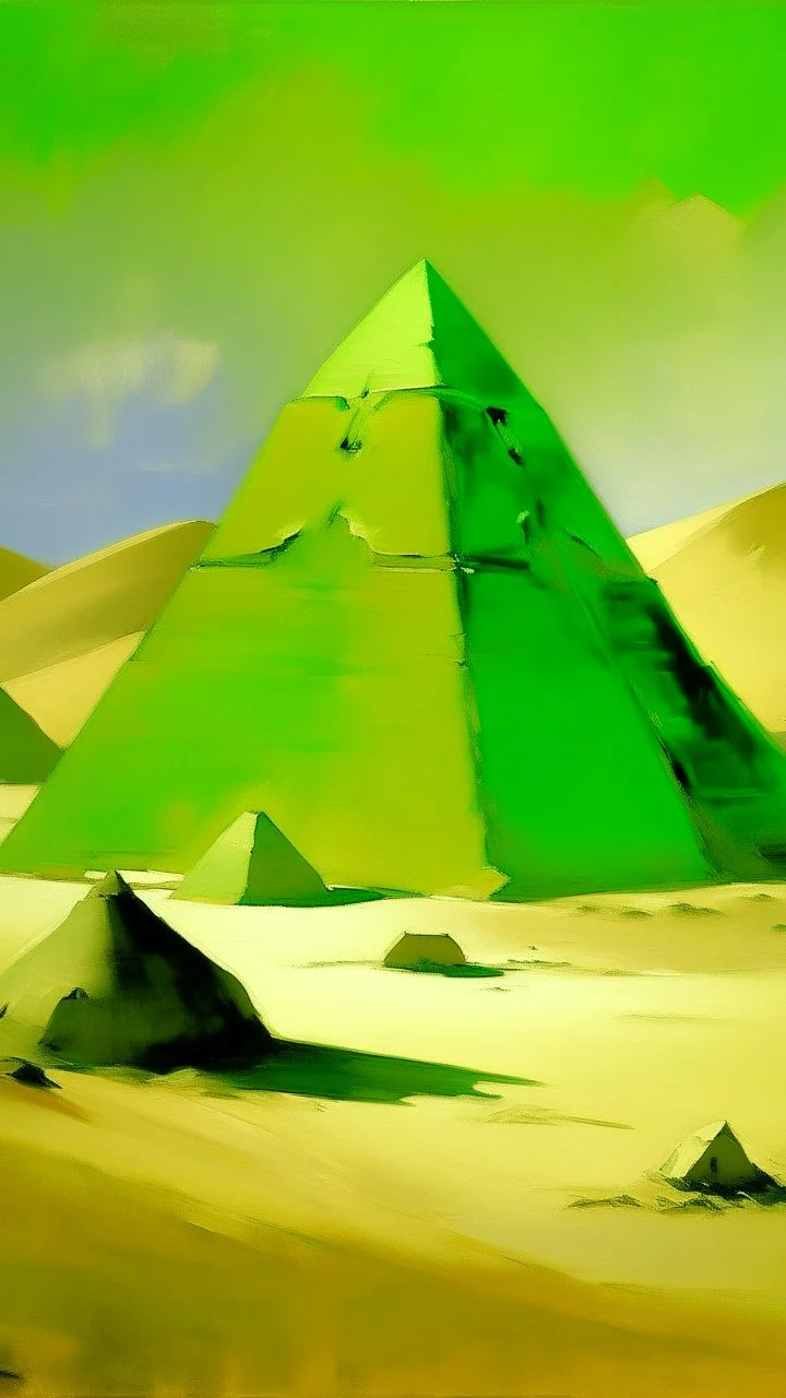 Lime green pyramids in a desert painted by John Singer Sargent