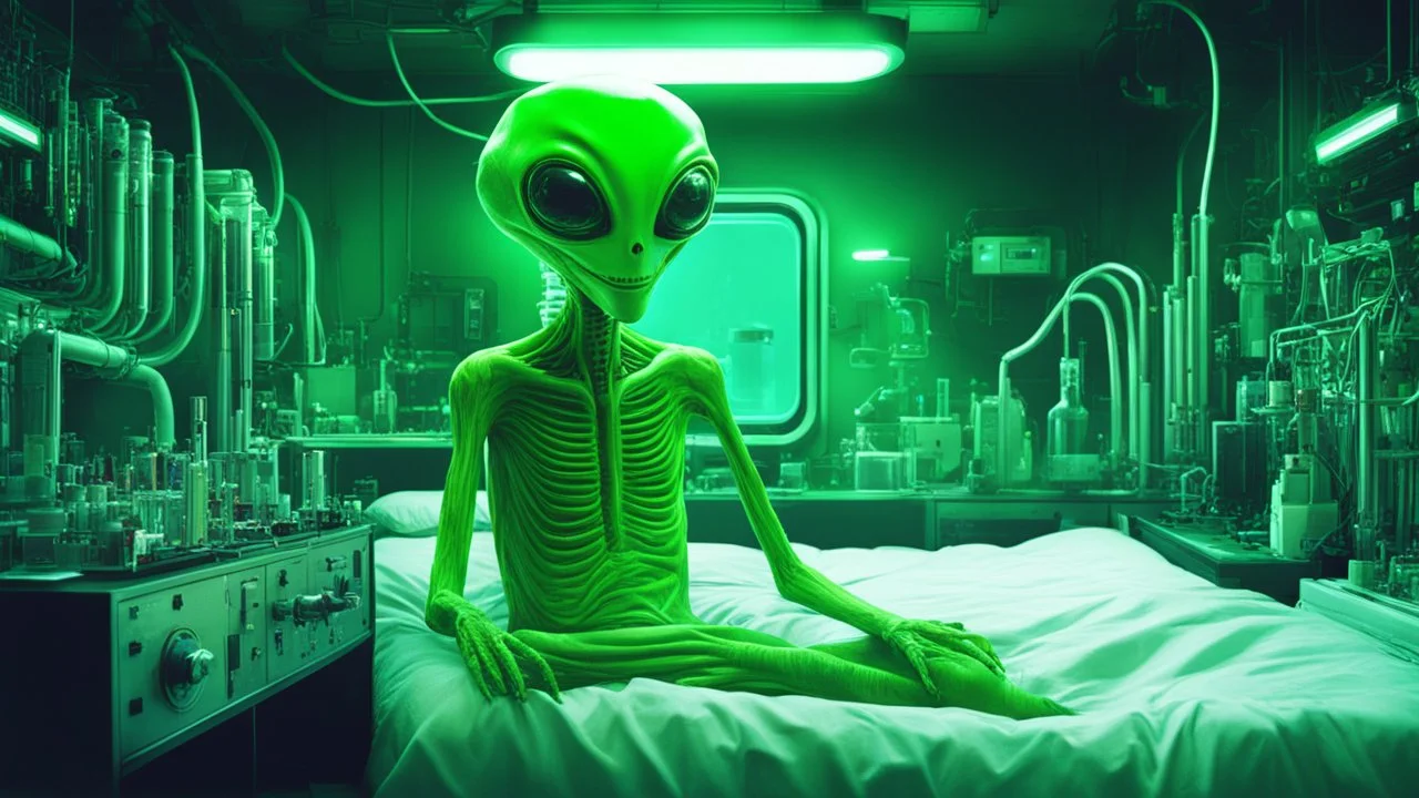 [glitched acid trip] one smiling green soft extra terrestrial alien with long fingers in his experiment lab in the 60ties, in front of a large bed, tubes and cables and liquids everywhere,