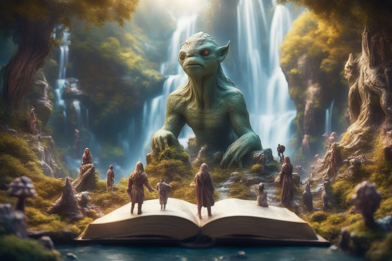 book cover illustration of archeologists discovering woodland creatures in Rivendell worshipping big fat alien statues and idols like from a myth or legend, on a strange planet with weird colors and waterfalls, bokeh like f/0.8, tilt-shift lens 8k, high detail, smooth render, down-light, unreal engine, prize winning