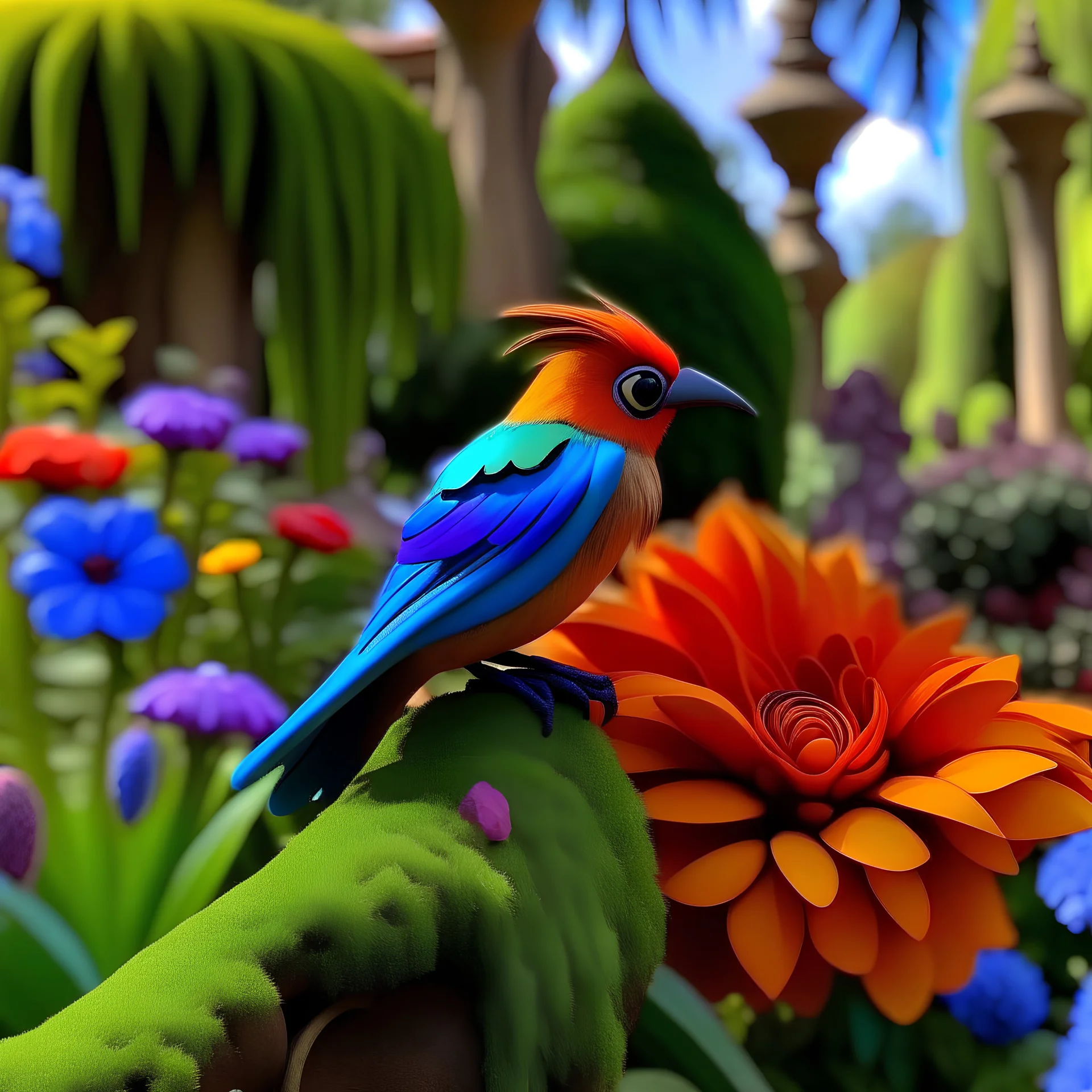 un pajaro posando sobre una flor en un bosque encantado al estilo de disney