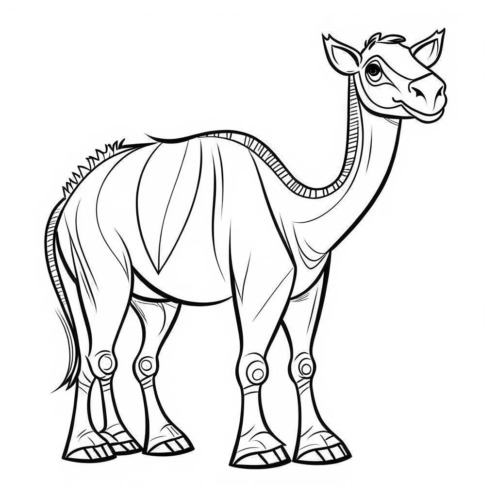 black and white drawing of cute camel outlined art bold, coloring book page for kids, simple classic cartoon style, 2D v4 q2