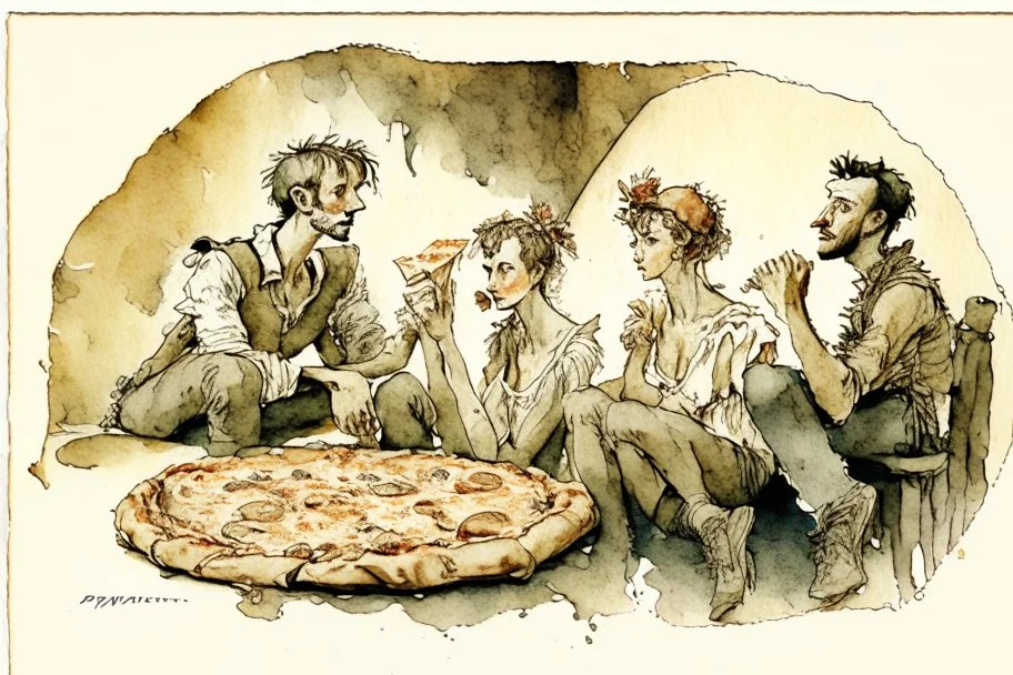 Italian men and women sitting around a pineapple pizza, watching in horror beautiful intricate, soft delicate watercolor, dramatic, perfect composition, by Arthur Rackham Modifiers: highly detailed intricate very attractive beautiful fantastic view watercolor Arthur Rackham Jean-Baptiste Monge Egon Schiele muted tones professional Enki Bilal patchwork watercolor and ink Xuan Loc Xuan