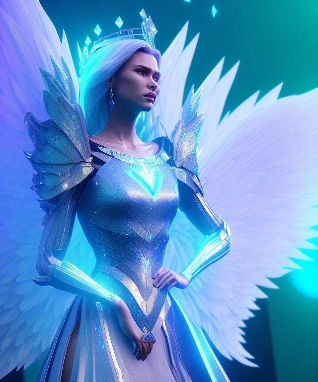 A crystalised queen, atmospheric, realistic, unreal engine, cinematic lighting, octane render. blue, pink, transparency, light, shine,bright, full body, transparent wings, blonde, long hair, nice smile