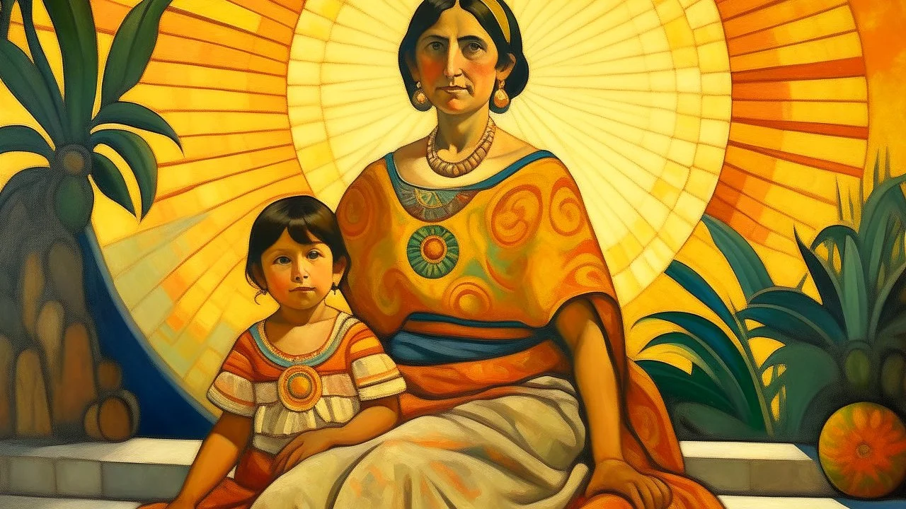 2 mexican woman painting and child neoclassism whole body zoom the sun