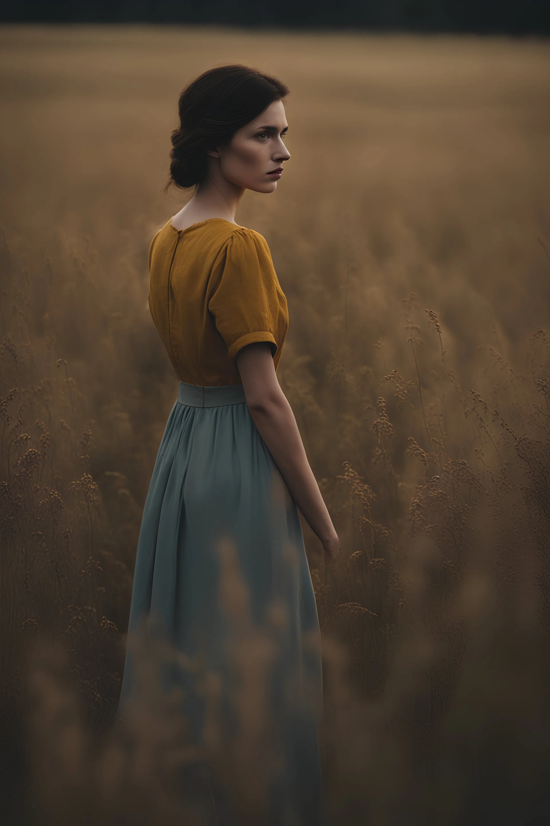 A mysterious brunette woman with sharp cheekbones is standing in a field in Thuringia at dawn. She is wearing a mustard linen dress and seen from afar. The sky is pale blue. The photo is taken with an iPhone.