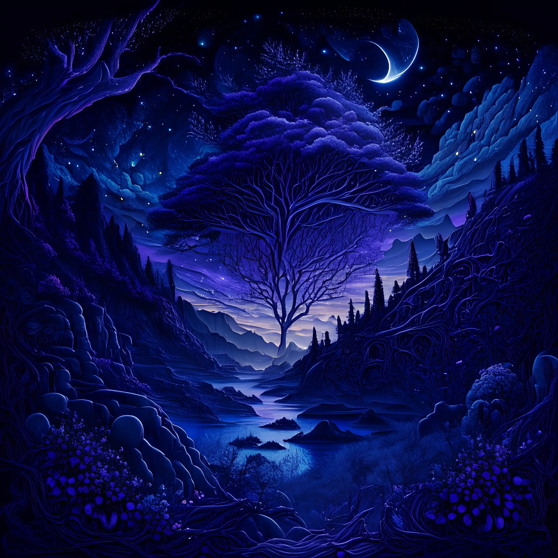 landscape, epic, intricate details, high detail, constellation, deep blue and purple