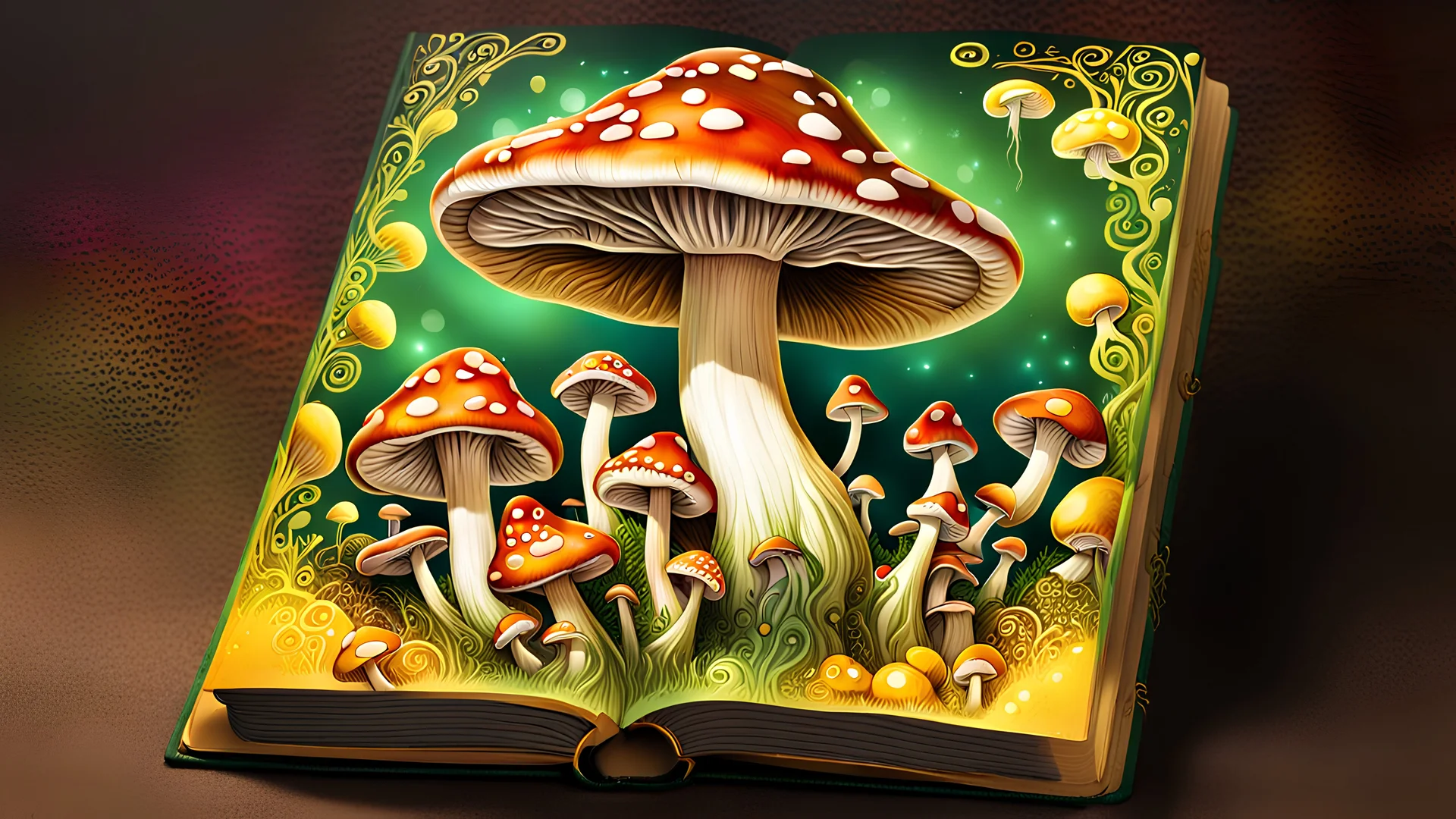 SHROOMS" "SHROOMS" "SHROOMS", write (SHROOM:1.5) on a book cover,::SHROOMS:: title, 3D Sans serif font, luminescent yellow, (Fungus bound book of "SHROOMS":1.5), illuminated, green, brown and crimson hour, perfect features, intricate detail, beautiful, full shot, ultra-shiny, 8k resolution, hyper-detailed, dynamic lighting, trending on Artstation, epic, deep color, vibrant, beautiful, oil gouache melting, acrylic, high contrast, colorful polychromatic, ultra-detailed, ultra quality, CGSociety,