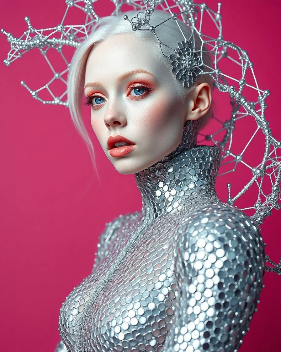 pink back ground ,A mesmerizing fusion of intimate abstraction and surreal futurism, depicting a striking female albino figure adorned in a breathtaking silver chrome-scaled suit. The intricate structure of the suit echoes the hyper-fractal nature of a coherent hyper-position lattice, creating a dynamic interplay of light and form that seems almost otherworldly. Her presence is both mysterious and seductive, yet tinged with an innocent vulnerability, as she gazes outward with an expression of