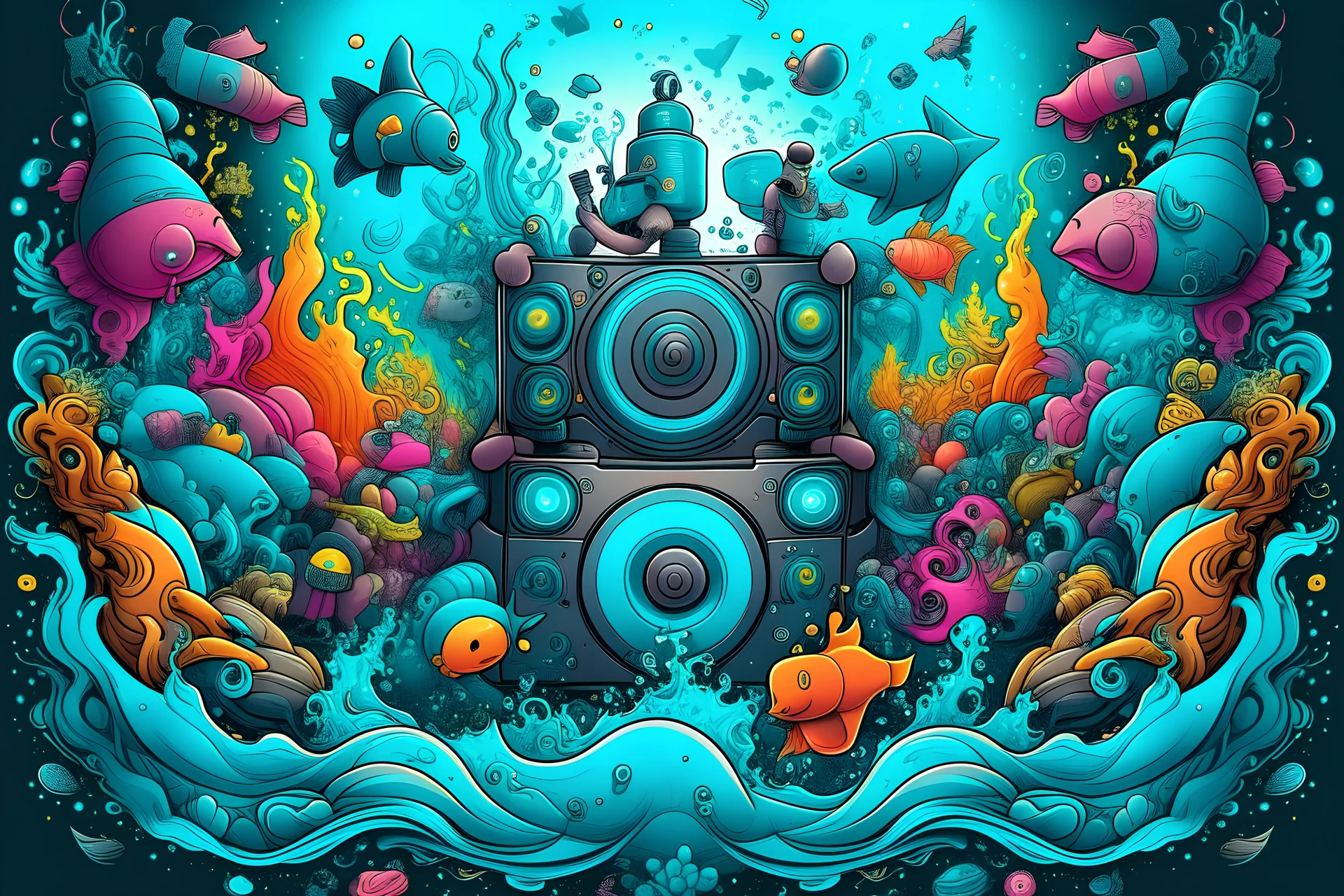 underwater ultra detailed 3d graffitti style music festival poster with massive speakers and people dancing with sea creatures