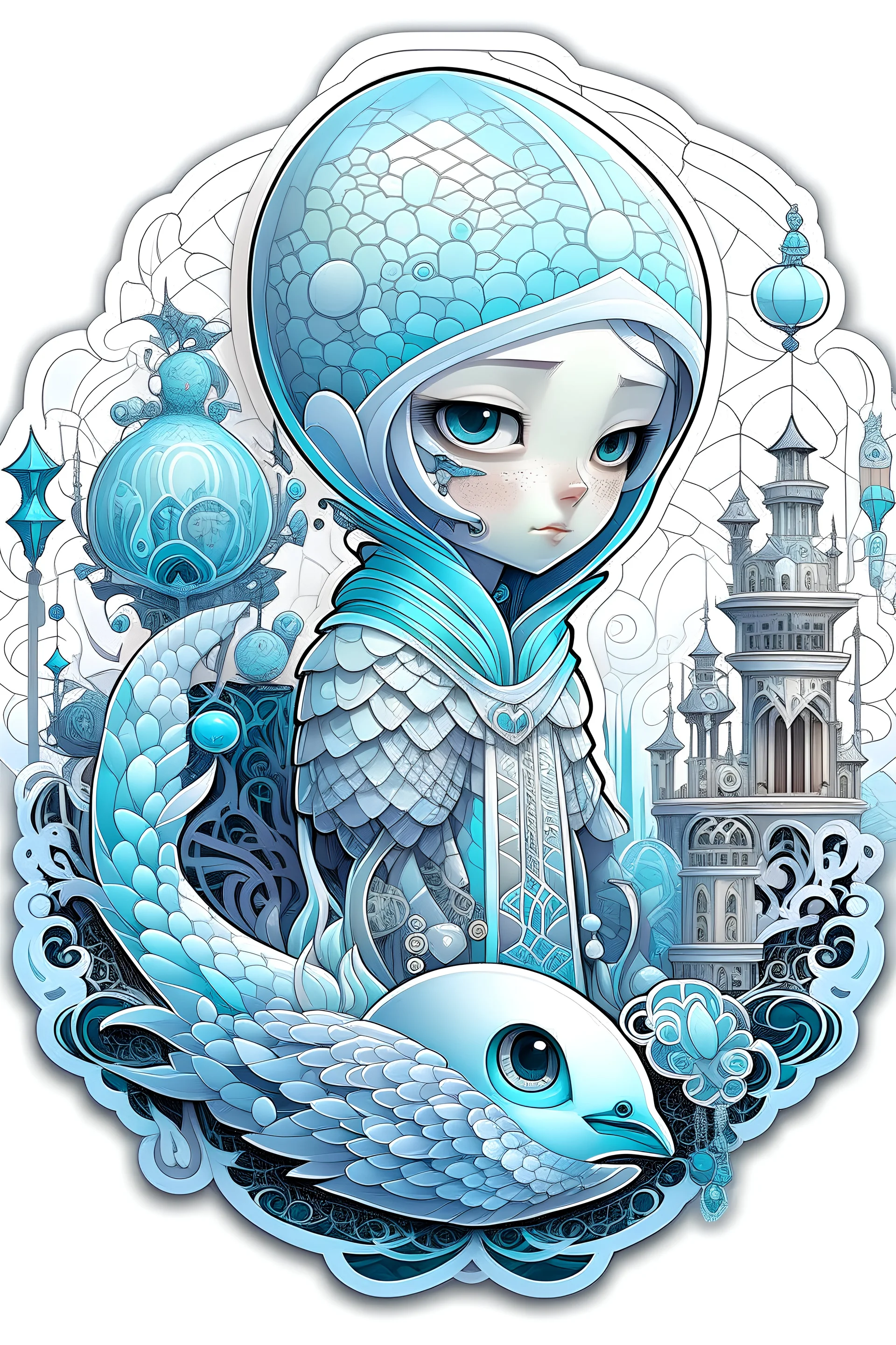Sticker Cute Storoked White Backgrund : iridescent, scales, islamic architecture, blues, textured, intricate, ornate, shadowed, pale muted colors, 3D, highly detailed, deco style, by Tim Burton, by Dale Chihuly, by Hsiao-Ron Cheng, by Cyril Rolando, by h. r. giger $plastic$ grid:true