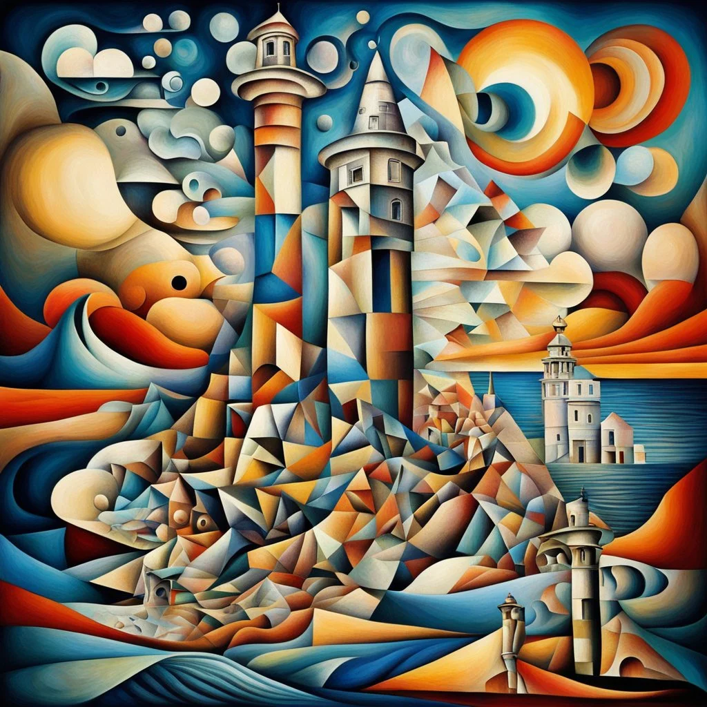 Surreal Cubist Dreamscape; by Picasso, surreal fragmented Psychedelic lighthouse, Dali