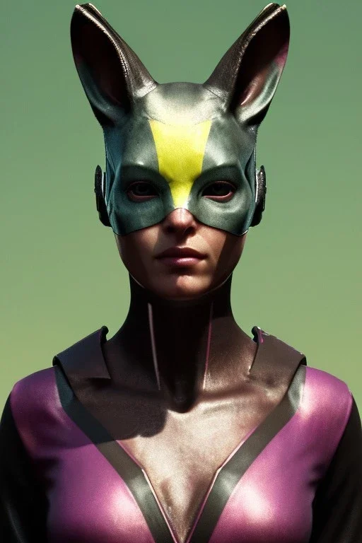 Medium Close Up Portrait, Front image. cyberpunk, rabbit mask, sweet woman, long hair. Latex suit army. Pink, white, yellow, color. Wolverine style. Color background, photo studio. Avatar image, highly detailed, concept art, smooth, unreal engine 5, ray tracing, RTX, lumen lighting, ultra detail, volumetric lighting, 3d, finely drawn, high definition, high resolution.