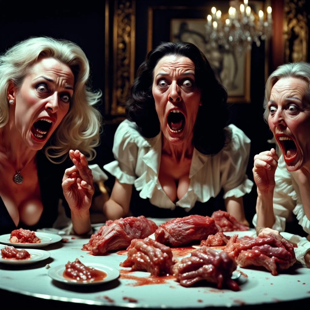 Spooky, ultra realistic distress, dining, ultra realistic hot woman, pieces of meat, creepy, woman, silver organic palen ail dynamic, anguish, excited and lively scene, hot women, hypermaximalist figures, stb, Creepy the Ring Alfred Hitchcock, Sam Raimi, insanely detailed, sinister, John Carpenter, Dario Argento, ornate