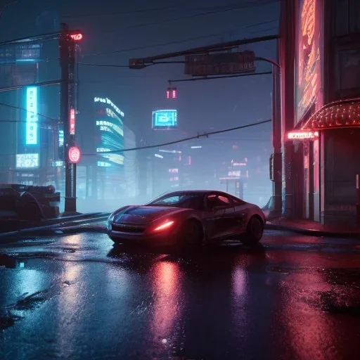 Cyberpunk, Car in night city on the rain unreal engine 5, octane render,cinema4d, dynamic lighting, 8k, redshift render, highly, hyperrealism ultra realistic, hyper realistic.