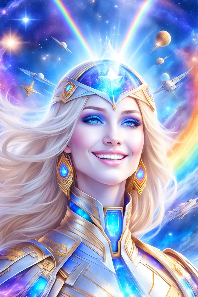 cosmic woman angels smile,admiral high commander from the future, one fine whole face, crystalline skin, expressive blue eyes,rainbow, smiling lips, very nice smile, costume rainbow pleiadian, Beautiful tall woman pleiadian Galactic commander, ship, perfect datailed golden galactic suit, high rank, long blond hair, hand whit five perfect detailed finger, amazing big blue eyes, smilling mouth, high drfinition lips, cosmic happiness, bright colors rainbow, blue, pink, gold, jewels, realist,8k