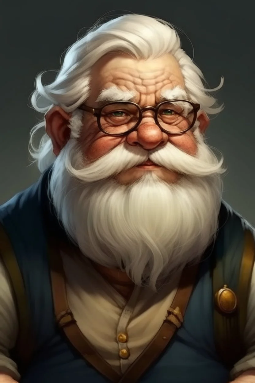 ugly fat dwarf with glasses with white hair young and no beard not old