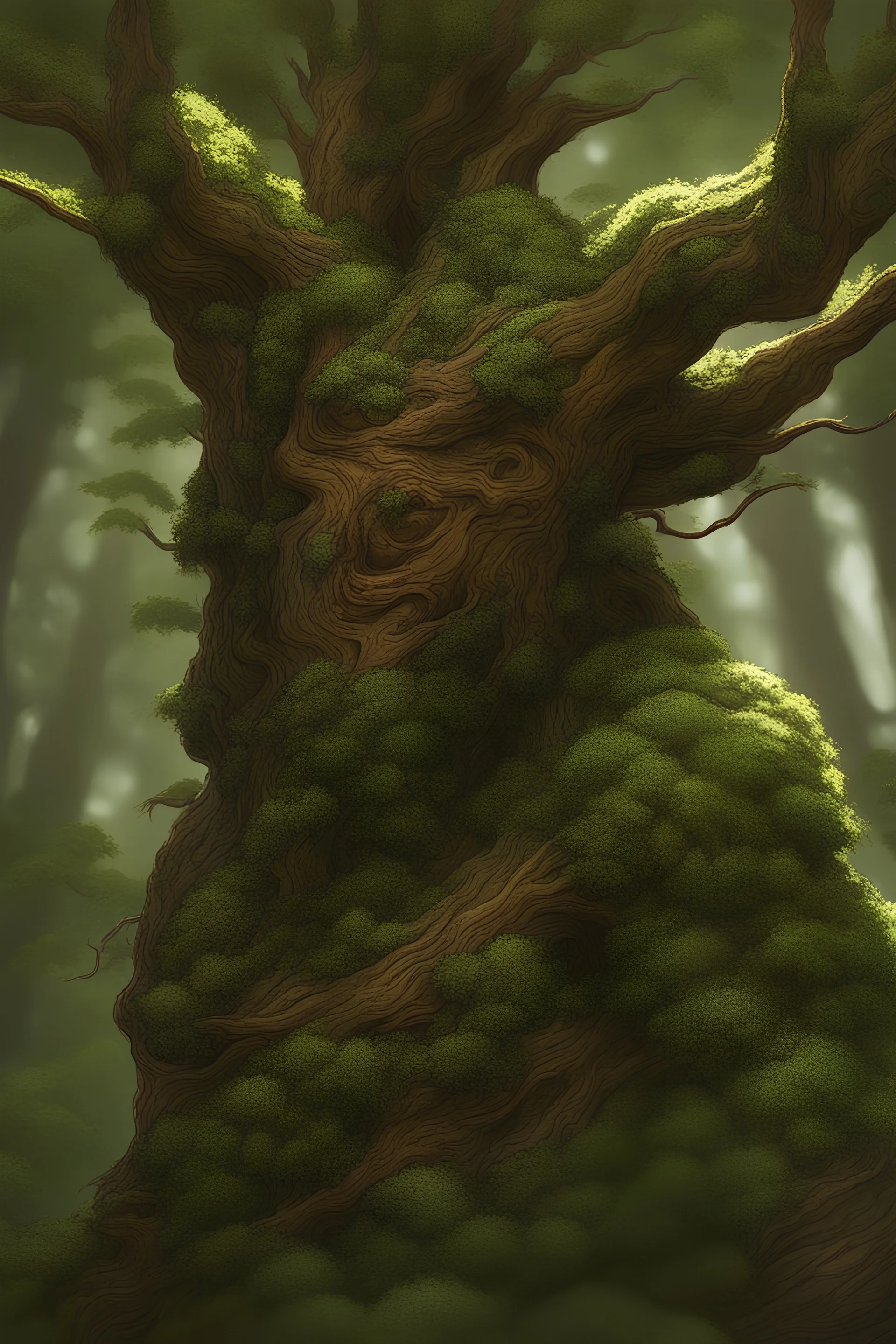 primal treant, detailed bark, detailed branch, green dark leaves