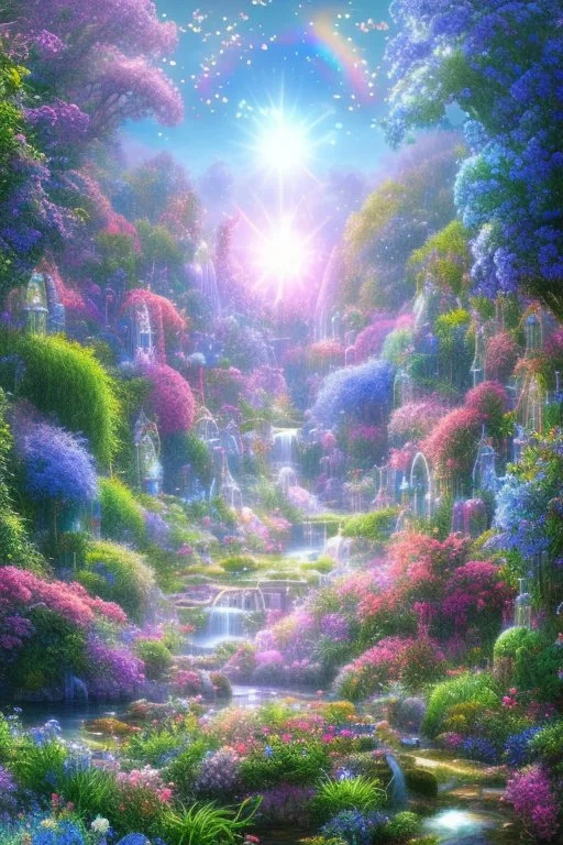 verybeautiful-magical-garden-of-the-angelic-kingdom-blue-and-pink-plants-and-trees-small-river-sunshine-flowers-haze-thumb-rainbow-ufo-bright-colors-beautiful flowers