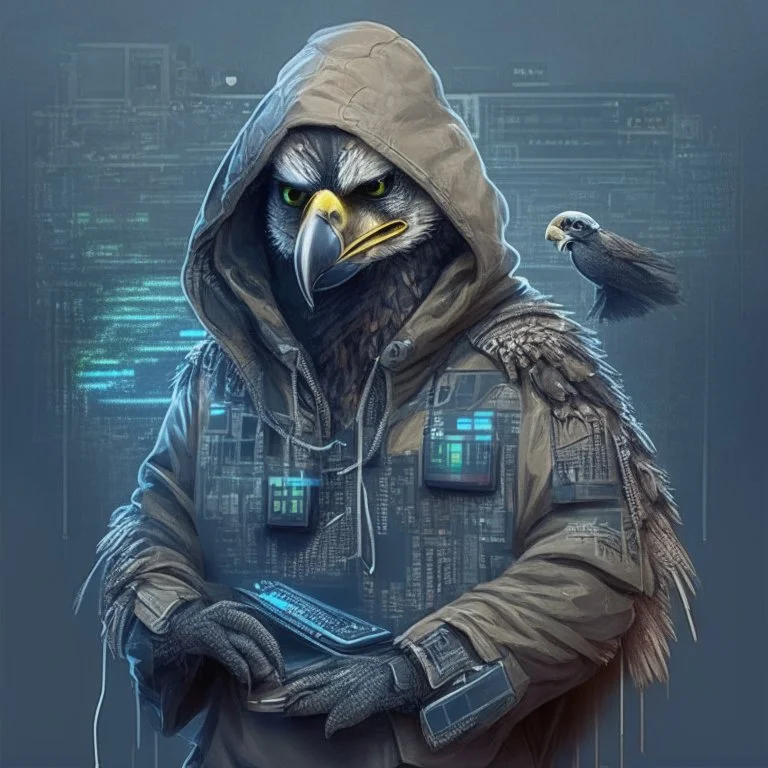 A falcon as a hacker using a hoodie, military and hacker gadgets