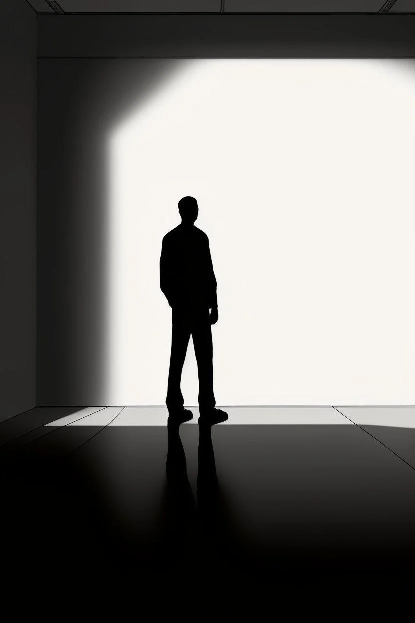 a man in an empty space standing in front of a wall looking at his shadow reflected on the wall. a red puppy sleeping on the floor in the background, thin line draw style, Busch painting style