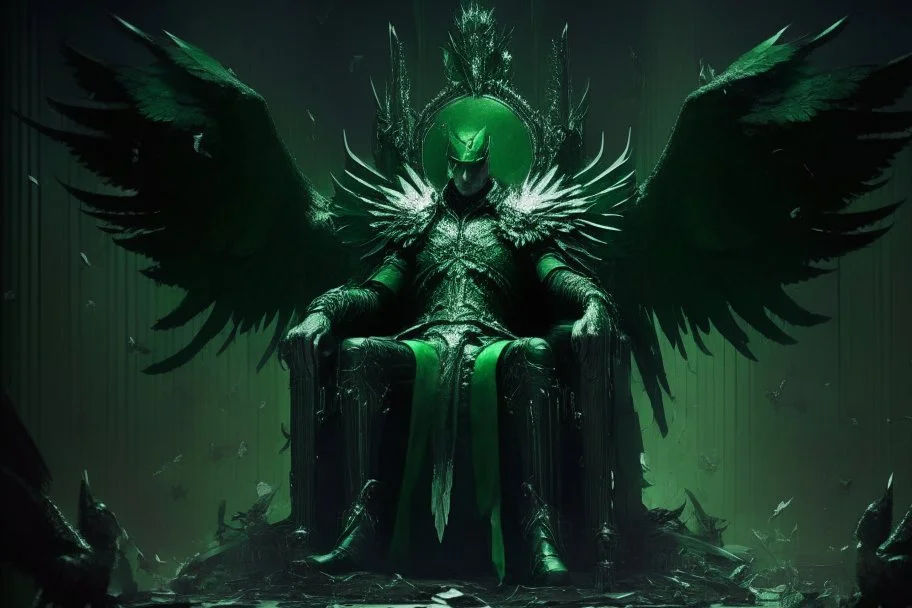 armadura negra y verde de hombre con alas de ángel sentada en un enorme trono en medio de la noche