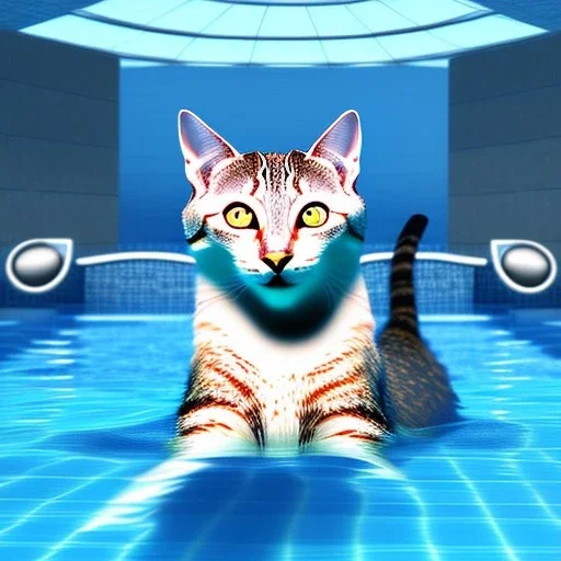 Eine Katze schwimmt im Swimmingpool, realistic Foto with all details