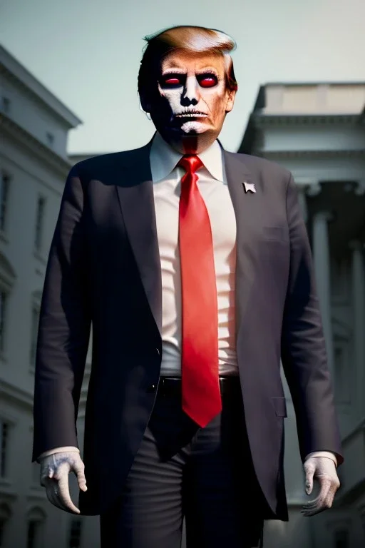 Ultra realistic image, Donald trump zombie, zombie performance, suit, skull, blood, torn arm, night, walking twisted, waist up view, thriller style, dark ambient, highly detailed, White House background, concept art, unreal engine 5, ray tracing, RTX, ultra detail, volumetric lighting, high definition, high resolution.